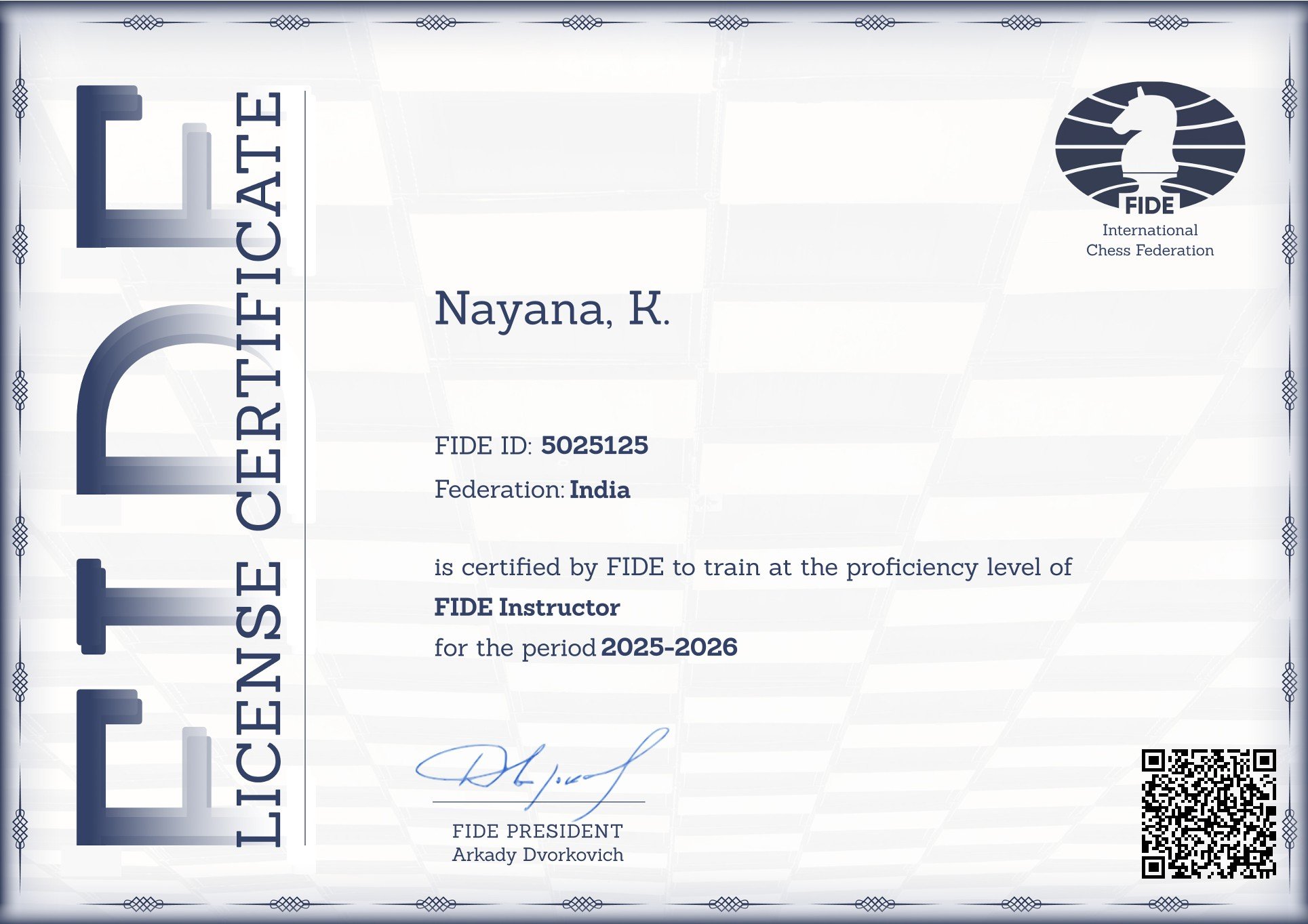 FIDE License Certificate confirming Nayana K. as FIDE Instructor for the period 2025-2026, FIDE ID 5025125, Federation India