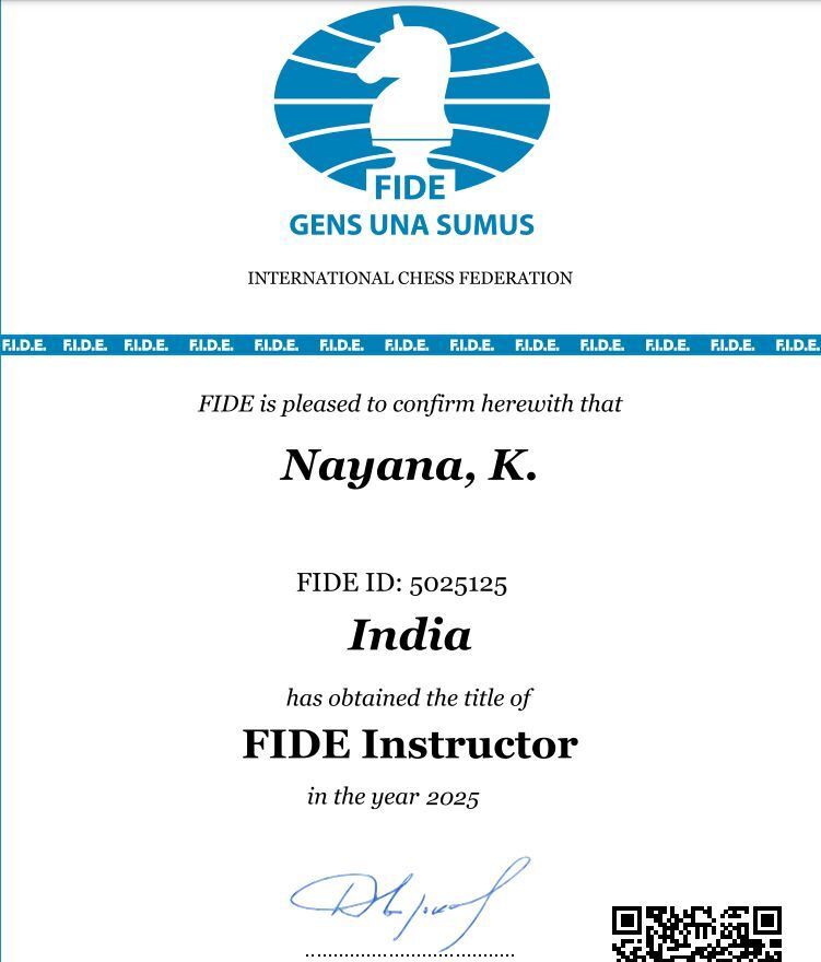 FIDE Title certificate confirming Nayana K. obtained the title of FIDE Instructor in the year 2025